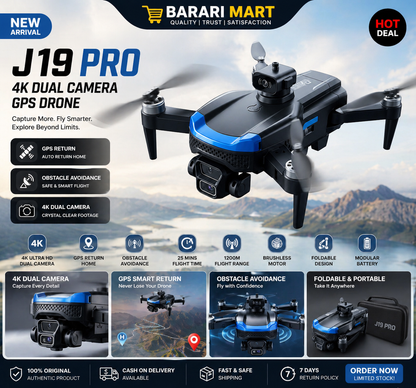 4K J19 Pro Dual Camera Drone with GPS Return & Obstacle Avoidance | Foldable Smart Drone UAE