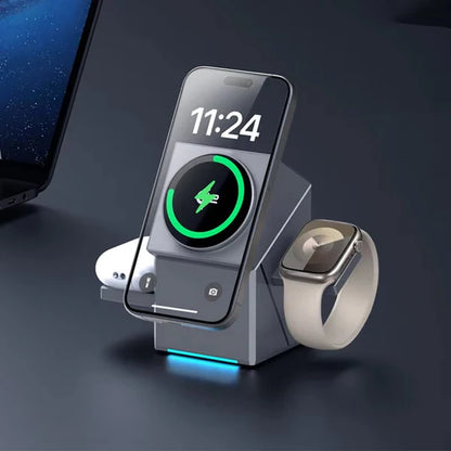 3-in-1 Foldable Magnetic Wireless Charging Station – MagSafe Fast Charger for iPhone, Apple Watch & AirPods | Travel Portable Wireless Charging Dock