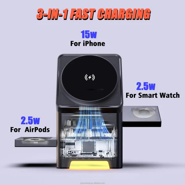 3-in-1 Foldable Magnetic Wireless Charging Station – MagSafe Fast Charger for iPhone, Apple Watch & AirPods | Travel Portable Wireless Charging Dock
