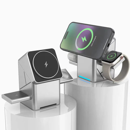 3-in-1 Foldable Magnetic Wireless Charging Station – MagSafe Fast Charger for iPhone, Apple Watch & AirPods | Travel Portable Wireless Charging Dock